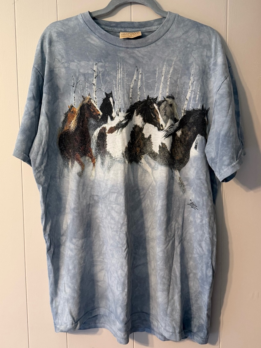 Vintage 1999 The Mountain Wild Horses Tie Dye T-Shirt XL USA Blue Graphic Tee